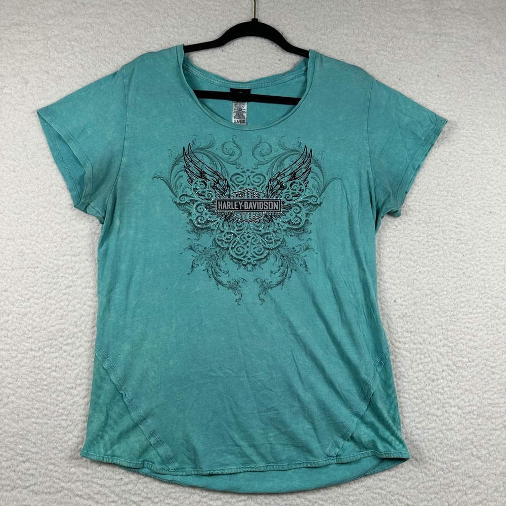 Harley-Davidson Graphic Tee Womens Rhinestone Winged 2XL Teal Biker Gothic Y2K